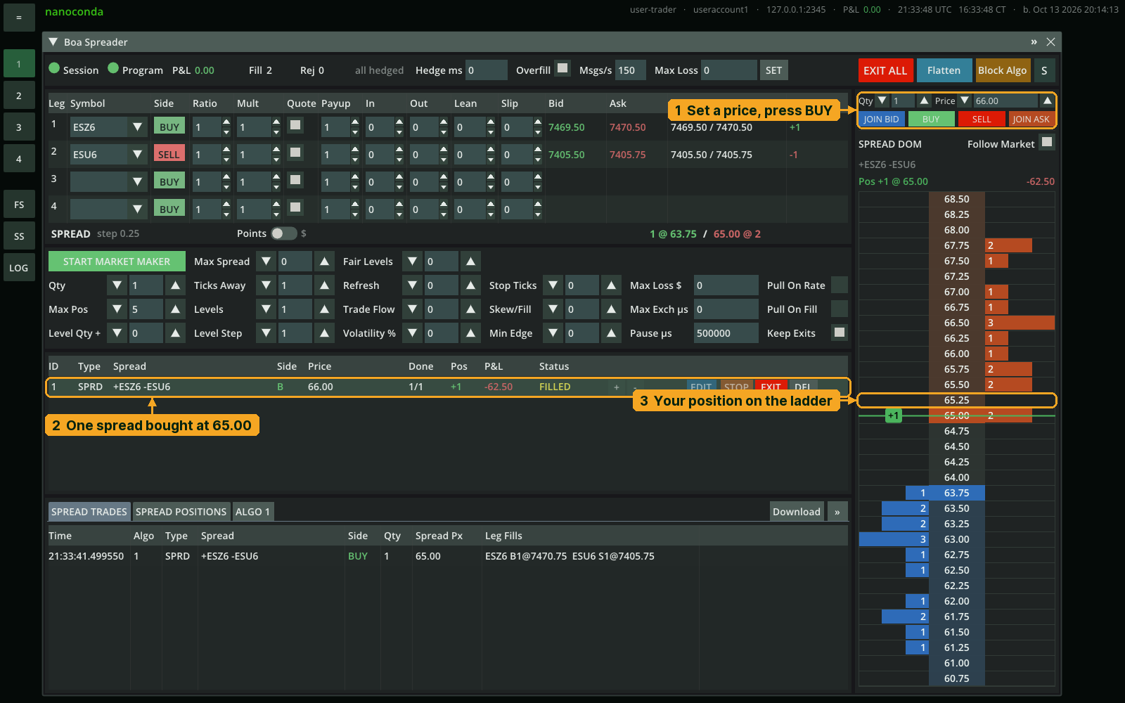 Spread DOM order entry: one ES calendar spread bought at 65.00, shown as a +1 position on the ladder and a filled row in the algo table