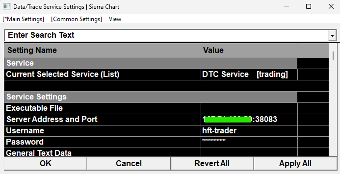 Data/Trade Service Settings: DTC Service selected, server address and account credentials entered