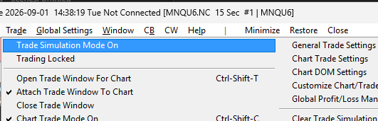 Trade menu with Trade Simulation Mode On unchecked