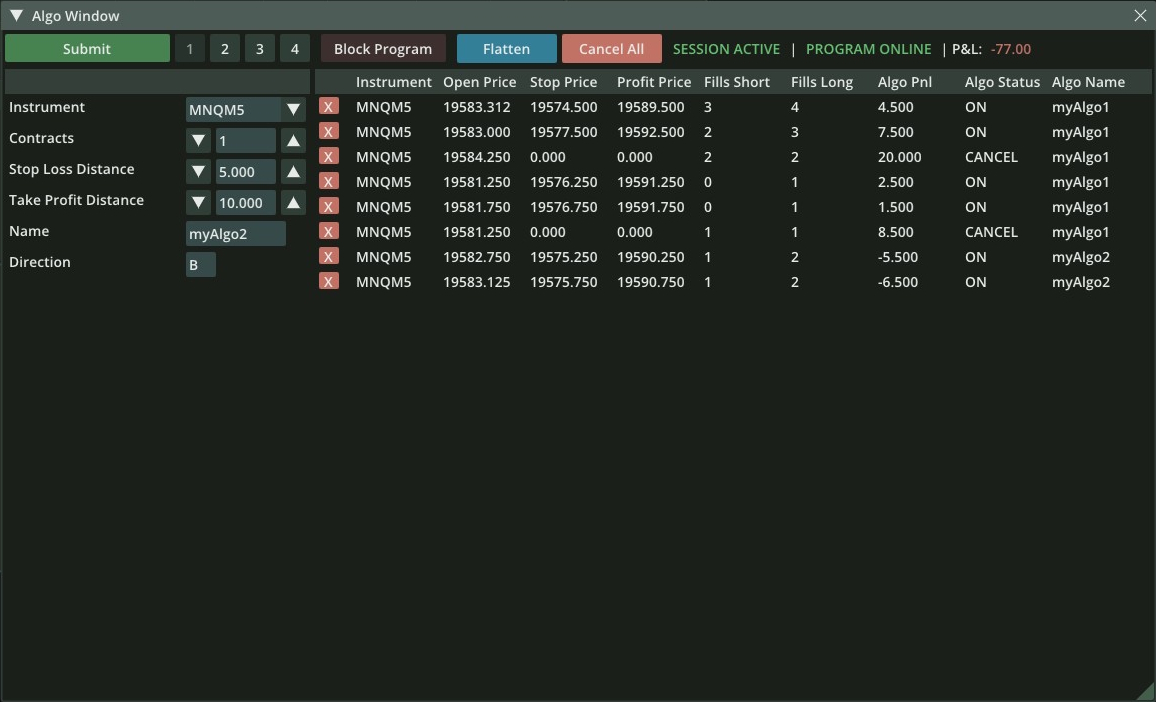 Algo Controls – send parameters and receive metrics from your running strategy