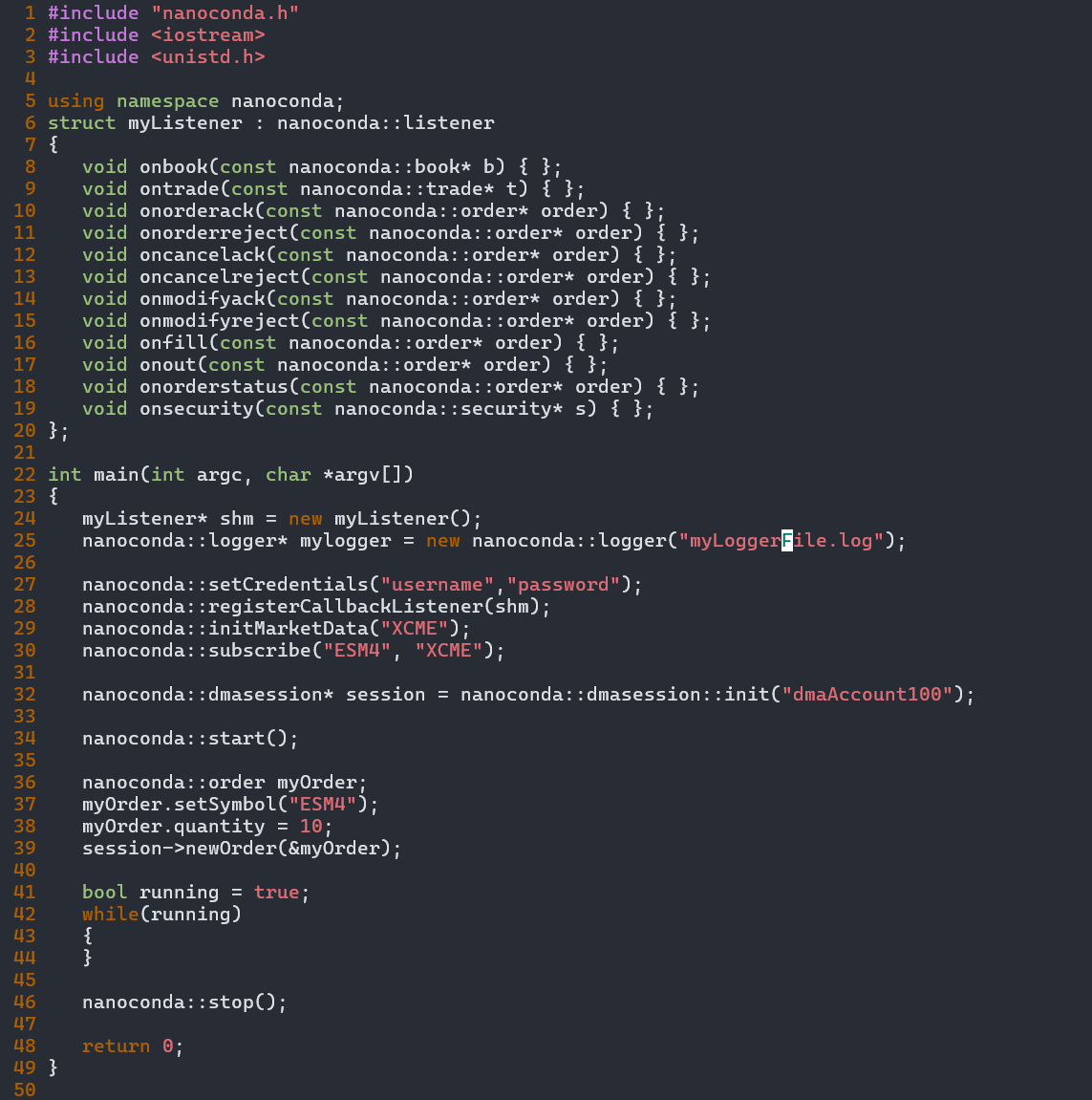 Nanoconda C++ API — sample strategy code